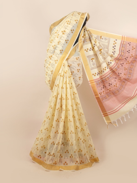 

Pothys Cream-Coloured & Gold-Toned Floral Zari Saree