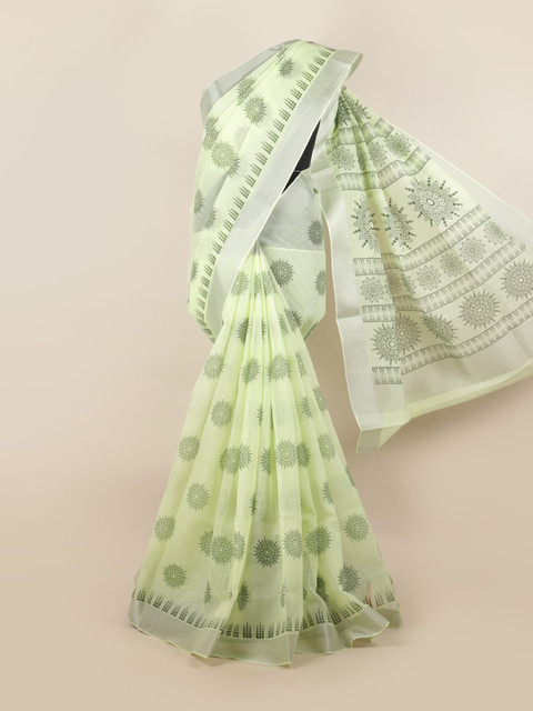 

Pothys Green & Silver-Toned Ethnic Motifs Zari Linen Blend Saree