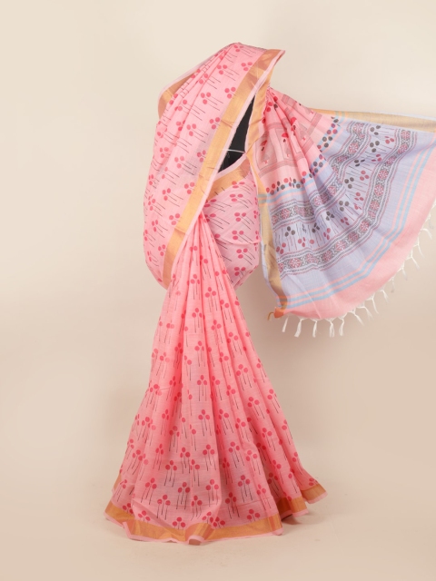 

Pothys Pink & Gold-Toned Floral Zari Saree