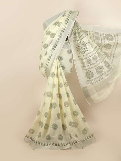 

Pothys Tan & Silver-Toned Floral Zari Linen Blend Saree