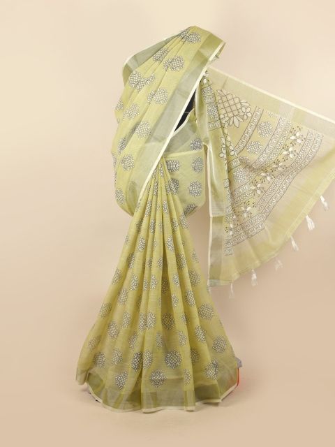 

Pothys Green & White Ethnic Motifs Zari Linen Blend Saree