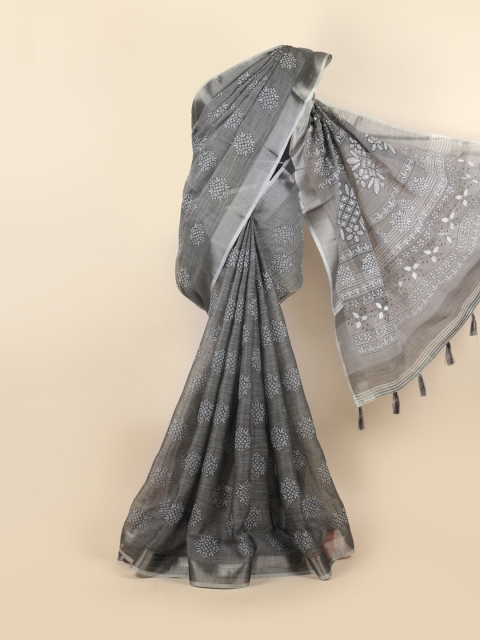 

Pothys Grey Ethnic Motifs Zari Linen Blend Saree