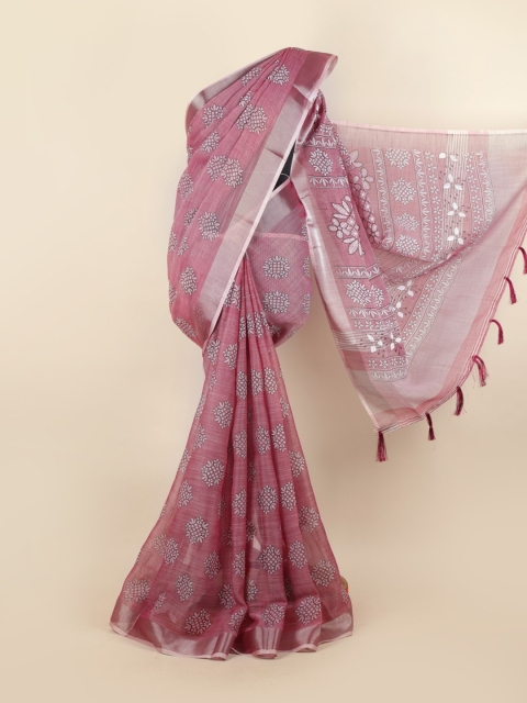 

Pothys Purple & Silver-Toned Floral Zari Linen Blend Saree