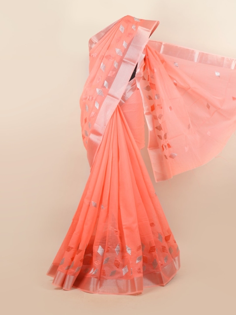 

Pothys Peach-Coloured & Silver-Toned Printed Zari Saree