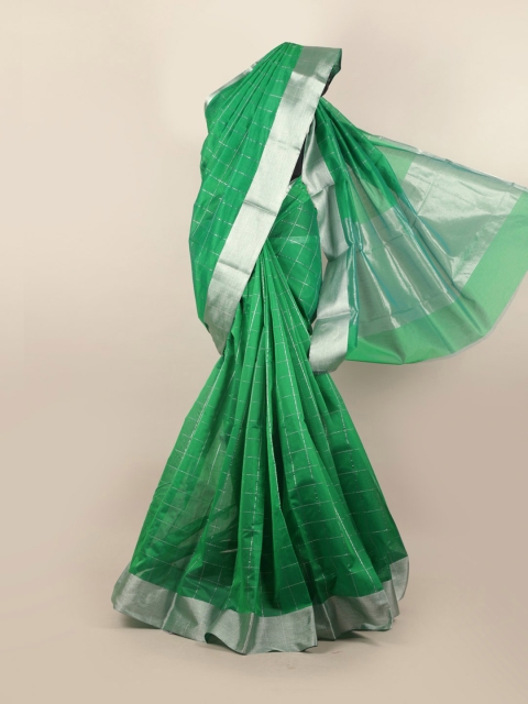 

Pothys Green & Silver-Toned Checked Zari Silk Cotton Saree