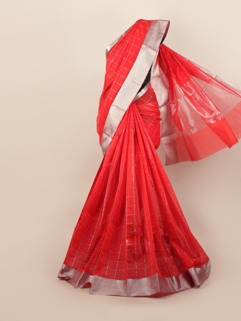 

Pothys Red & Silver-Toned Checked Zari Silk Cotton Saree