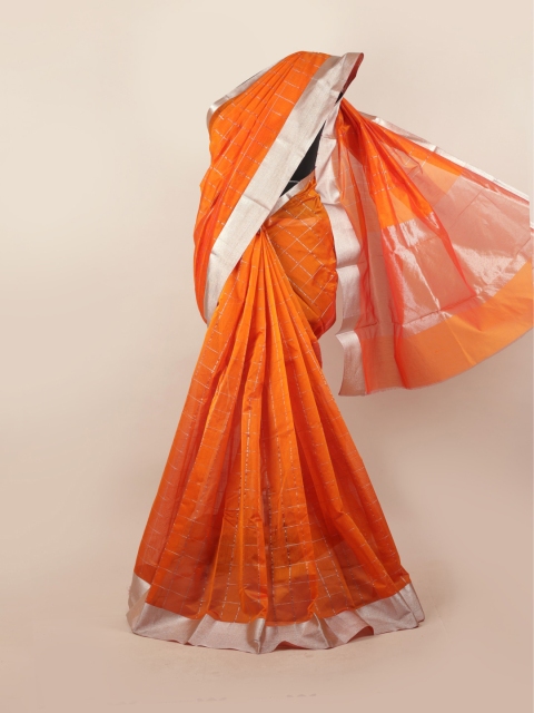 

Pothys Mustard & Silver-Toned Checked Zari Silk Cotton Saree