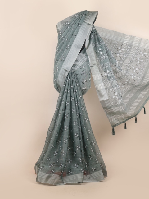 

Pothys Grey & Silver-Toned Floral Zari Linen Blend Saree