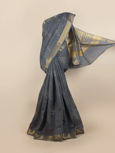 

Pothys Grey & Gold-Toned Floral Zari Net Saree