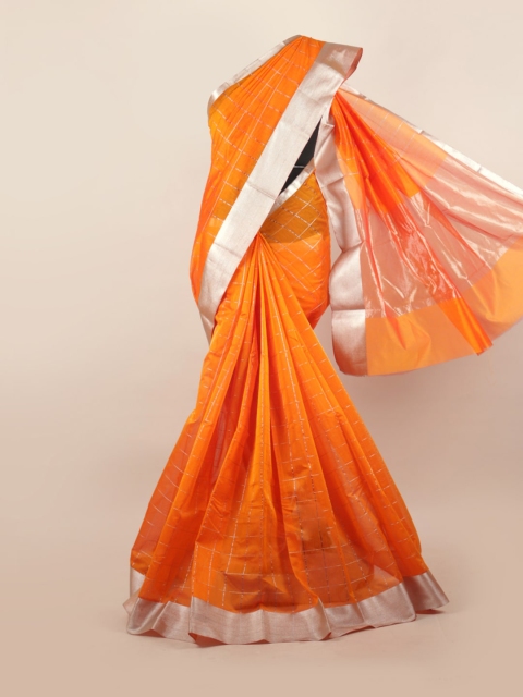 

Pothys Mustard & Silver-Toned Checked Zari Silk Cotton Saree