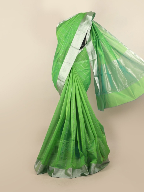 

Pothys Green & Silver-Toned Checked Zari Silk Cotton Saree