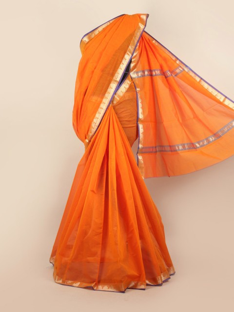 

Pothys Mustard & Silver-Toned Zari Silk Cotton Saree