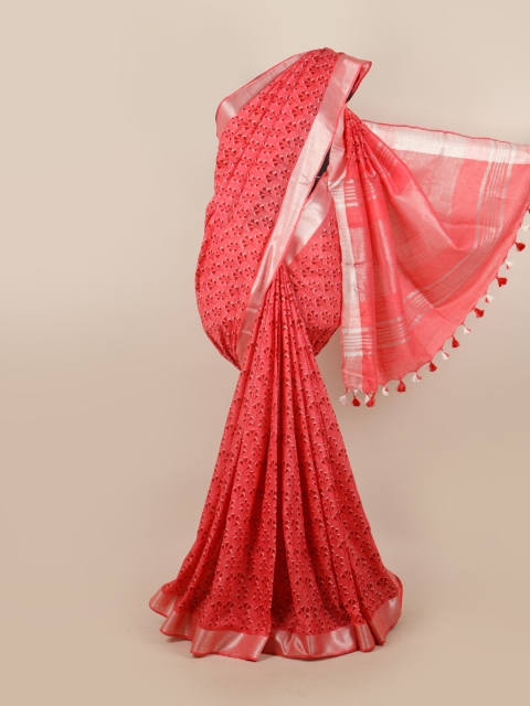 

Pothys Pink & Silver-Toned Floral Zari Saree