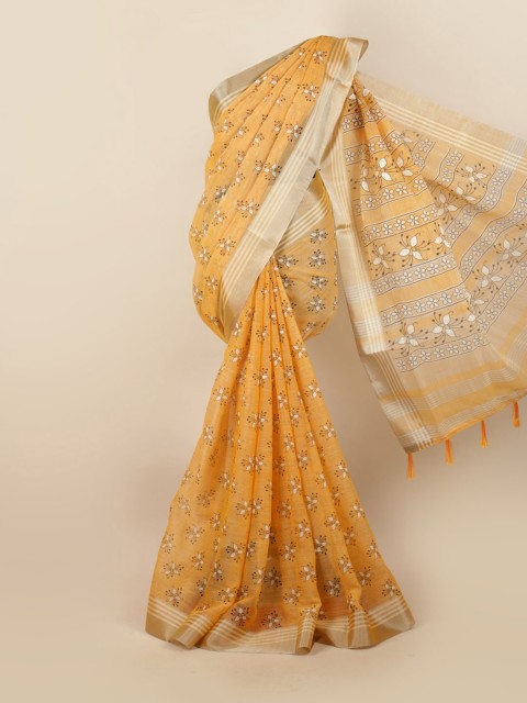 

Pothys Gold-Toned & Silver-Toned Ethnic Motifs Zari Linen Blend Saree