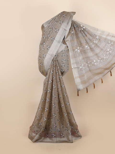 

Pothys Tan & White Floral Zari Linen Blend Saree