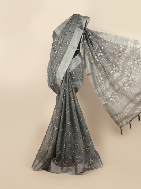 

Pothys Grey & Black Floral Zari Linen Blend Saree