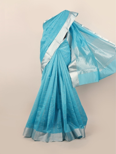 

Pothys Blue & Silver-Toned Checked Zari Silk Cotton Saree