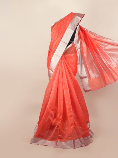 

Pothys Peach-Coloured & Silver-Toned Checked Zari Silk Cotton Saree