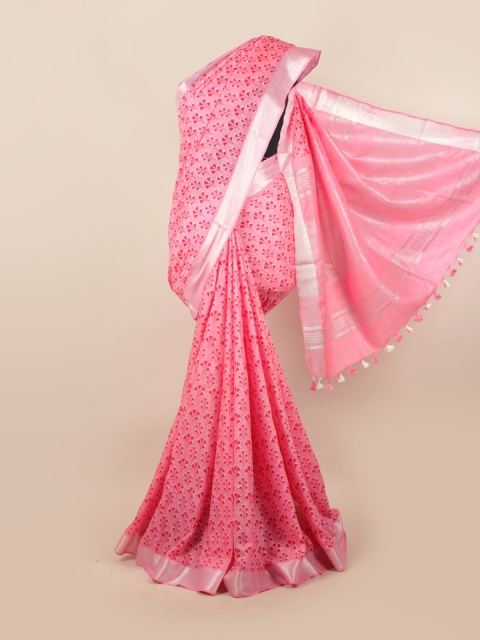 

Pothys Pink & Silver-Toned Floral Zari Saree