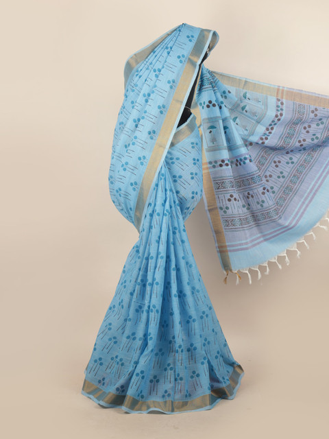 

Pothys Blue & Gold-Toned Floral Zari Saree