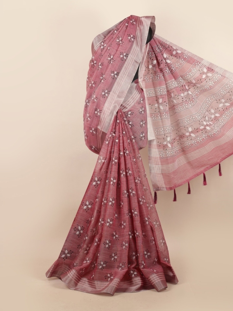 

Pothys Pink & Silver-Toned Floral Zari Linen Blend Saree