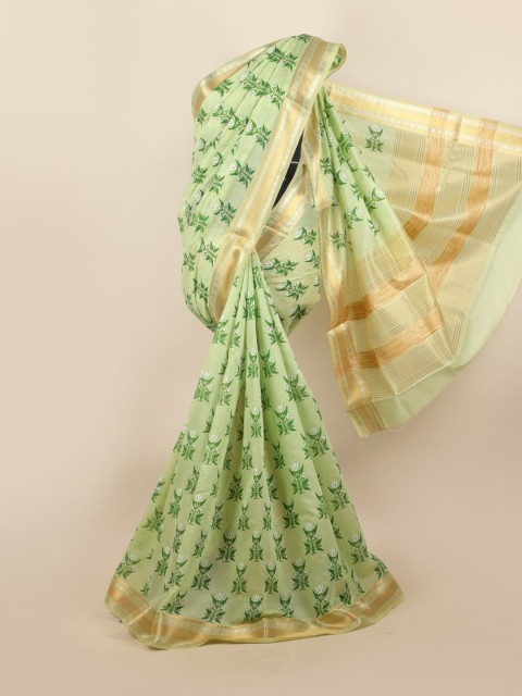 

Pothys Green & Gold-Toned Ethnic Motifs Zari Linen Blend Saree