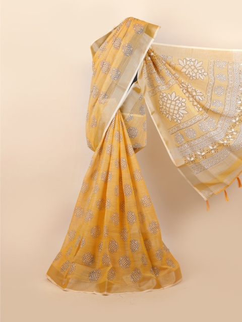 

Pothys Gold-Toned & White Ethnic Motifs Zari Linen Blend Saree