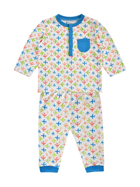

little heaven Infant Boys White & Blue Printed Pure Cotton T-shirt With Pyjamas