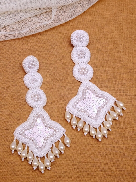 

Crunchy Fashion White-Toned & Silver-Plated Star Shaped Boho Hand-Made Drop Earrings
