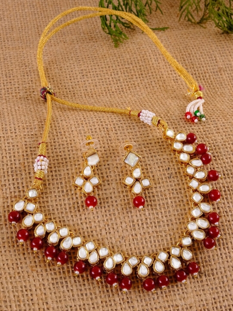

Crunchy Fashion Gold-Plated White & Maroon Kundan-Studded & Beaded Antique Jewellery Set