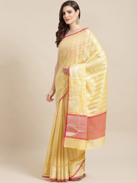 

Banarasi Style Yellow & Golden Zari Woven Striped Banarasi Saree