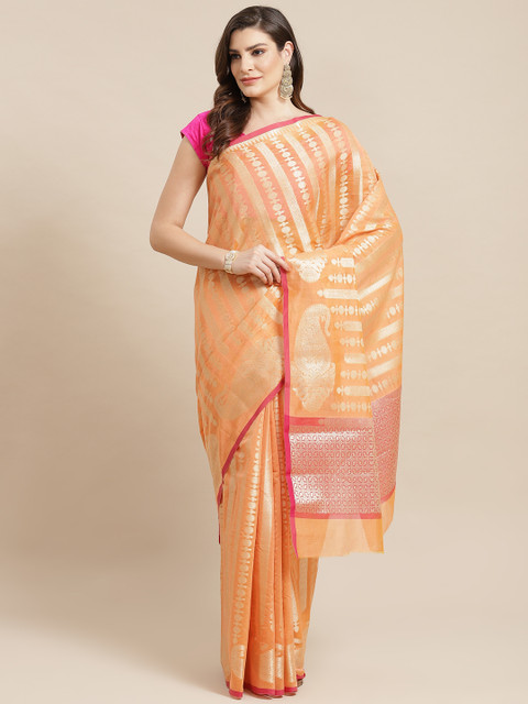 

Banarasi Style Peach-Coloured & Golden Zari Woven Striped Banarasi Saree