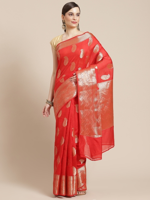 

Banarasi Style Red Paisley Zari Pure Cotton Banarasi Saree
