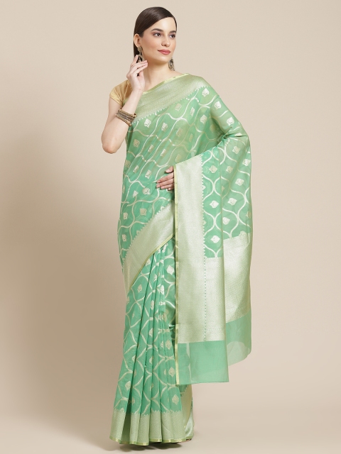 

Banarasi Style Sea Green & Gold-Toned Ethnic Motifs Zari Silk Cotton Banarasi Saree