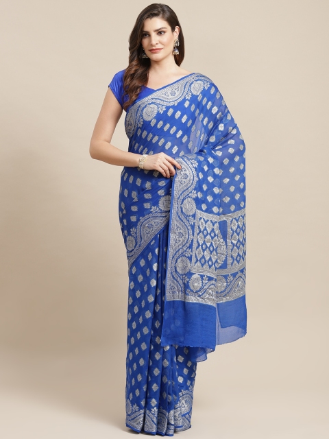 

Banarasi Style Blue & Golden Pure Chiffon Silk Resham Jaamdani Banarasi Saree