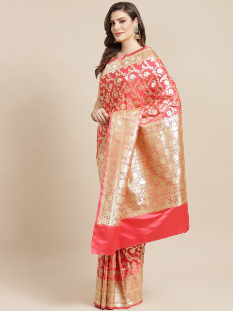Banarasi Style Coral Pink & Golden Zari Woven Design Banarasi Saree