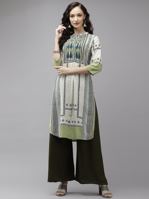 

W Women Off-White & Navy Blue Ethnic Motifs Printed Straight Kurta