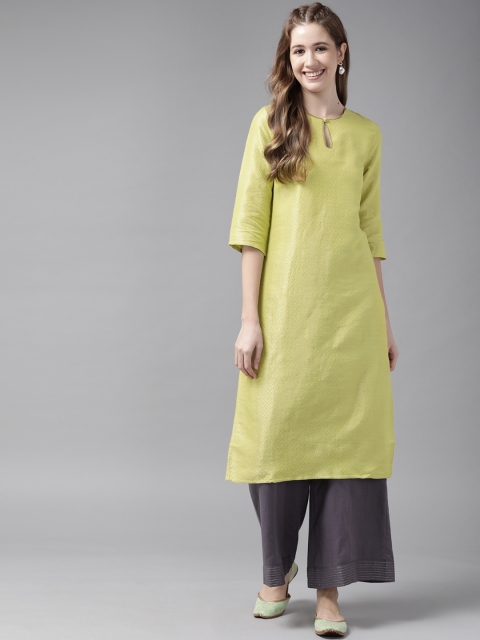 

W Women Green & Golden Zari Woven Design Keyhole Neck Straight Kurta