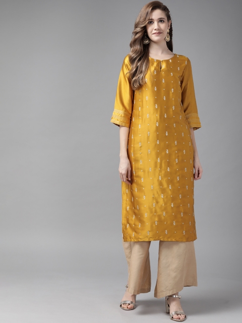 

W Women Mustard Yellow Paisley Embroidered Keyhole Neck Straight Kurta