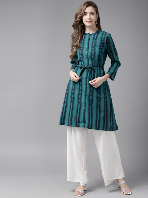 

W Women Teal Blue & Navy Blue Striped A-Line Kurta with Belt
