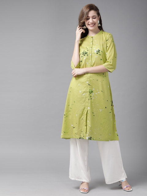 

W Women Green & White Floral Printed Pure Cotton Kurta