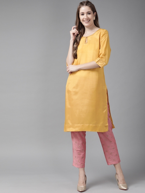 

W Women Yellow Solid Keyhole Neck Straight Kurta