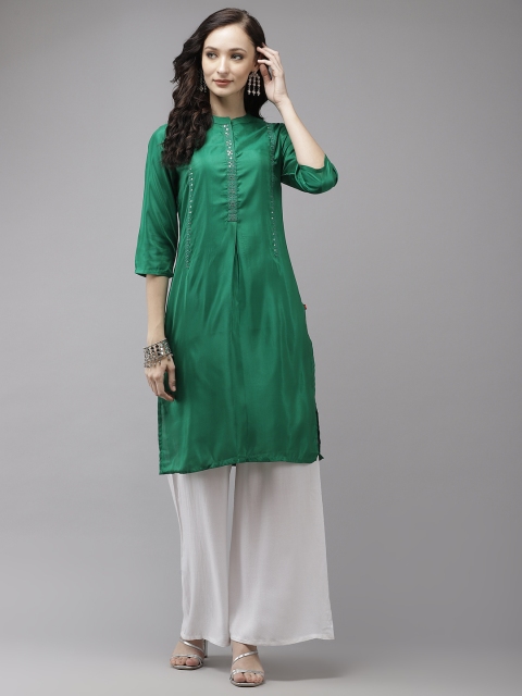 

W Women Green Sequinned Straight Kurta