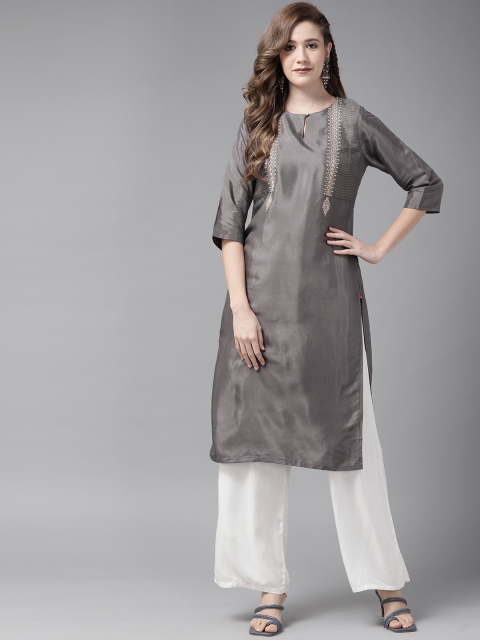 

W Women Charcoal Grey Yoke Design Keyhole Neck Kurta