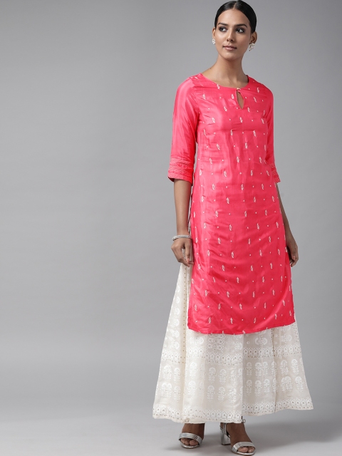 

W Women Pink & Silver Paisley Embroidered Keyhole Neck Straight Kurta