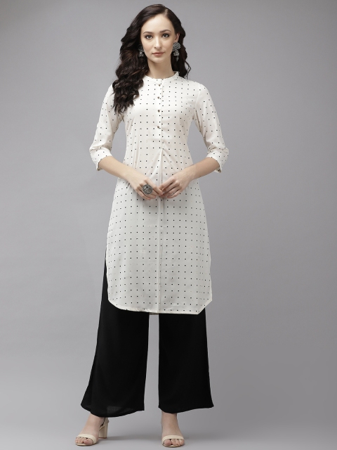 

W Women Off-White & Black Semi-Sheer Dot Print Straight Kurta