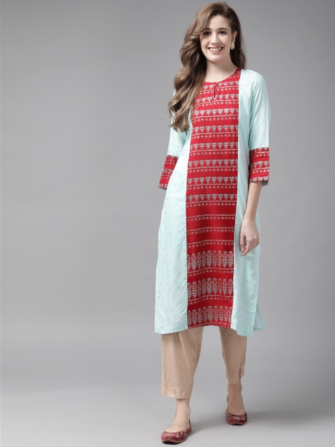 

W Women Blue & Red Ethnic Motifs Glitter Printed Keyhole Neck Straight Kurta