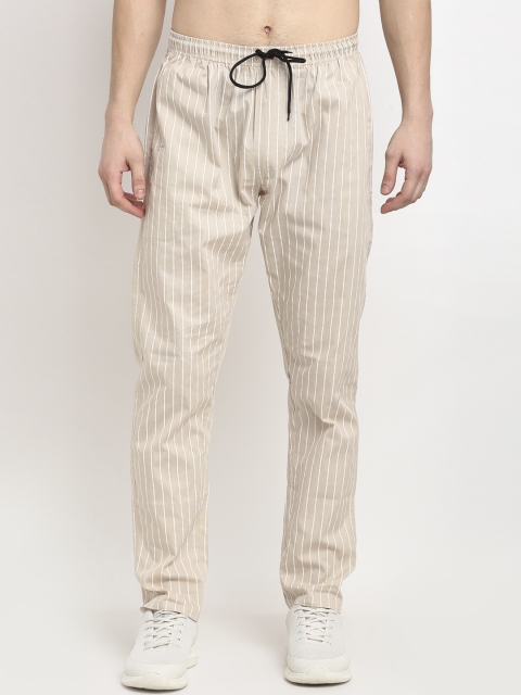 

JAINISH Men Cream-Coloured & White Cotton Slim Fit Striped Track Pants, Beige