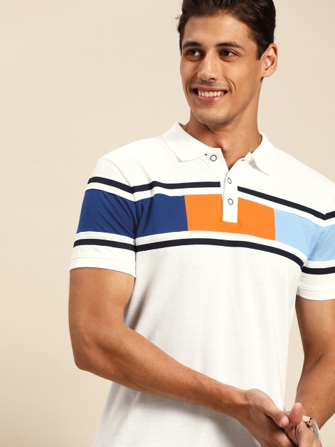 

United Colors of Benetton Men White Orange Pure Cotton Colourblocked Polo Collar Pure Cotton T-shirt