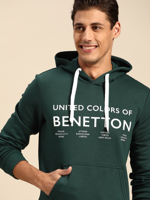 

United Colors of Benetton Men Green & White Brand Logo Print Hooded Sweatshirt